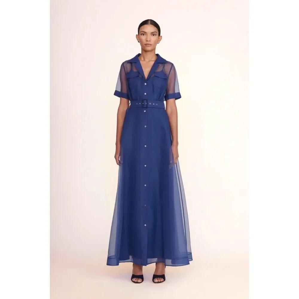 staud blue organza dress STAUD Calluna High Neck Organza Gown by Staud